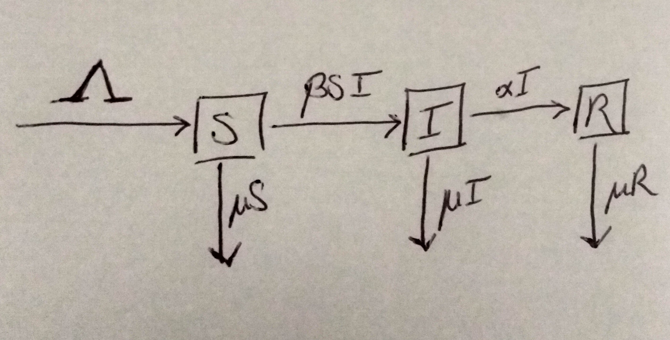 The flowchart corresponding to the above described model, with boxes for S, I, and R.